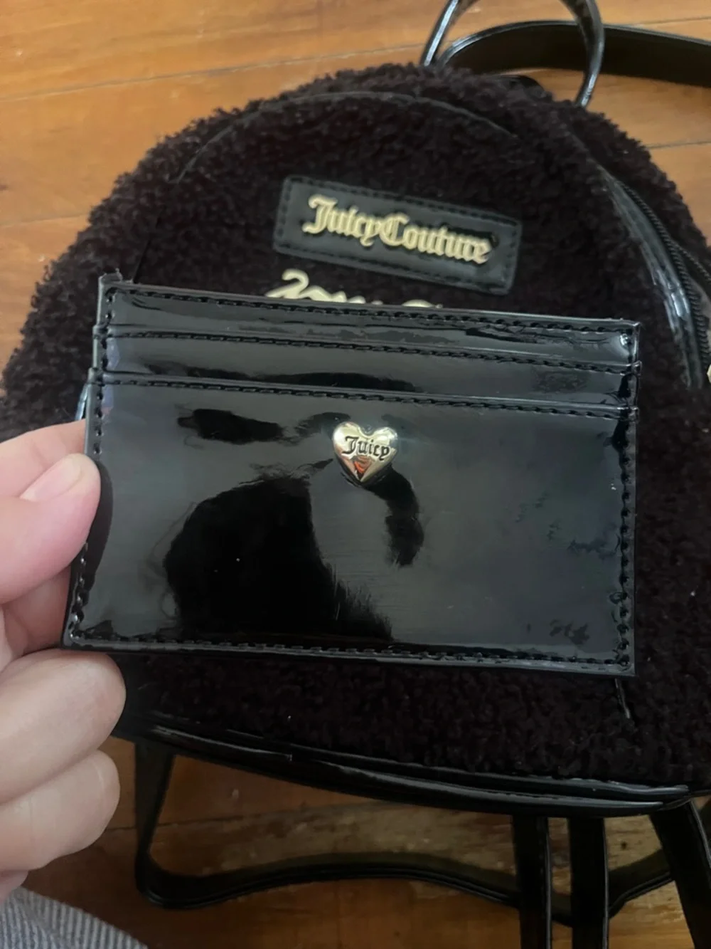 Juicy Couture Black Sherpa Mini Backpack with Patent Accents